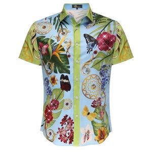 BAROCCO Retro Artistry Attire Multi - Short Sleeve Button Down Shirt -Size L